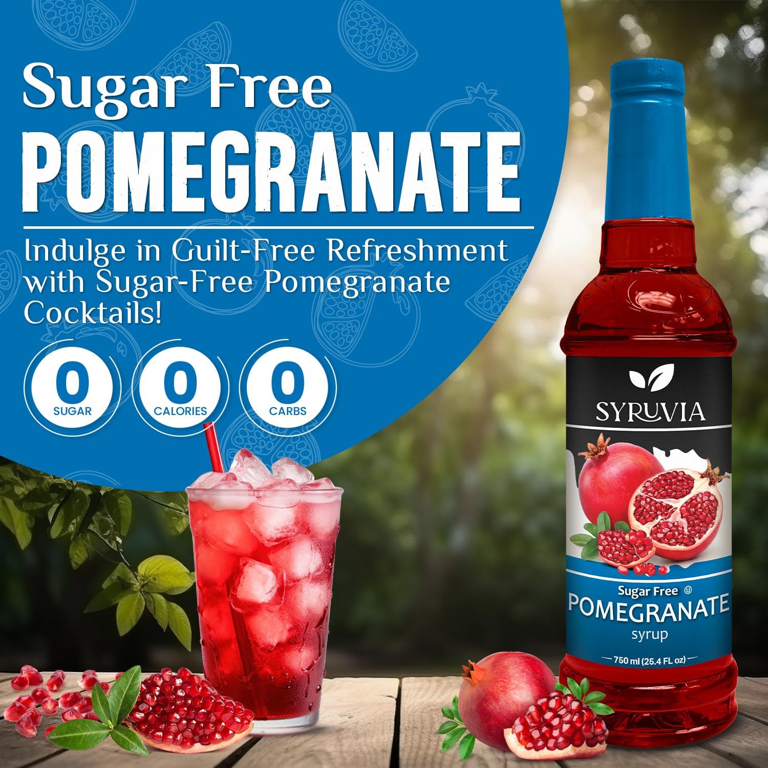 Pouring SYRUVIA Sugar-Free Pomegranate Syrup into a glass for a bright twist.
