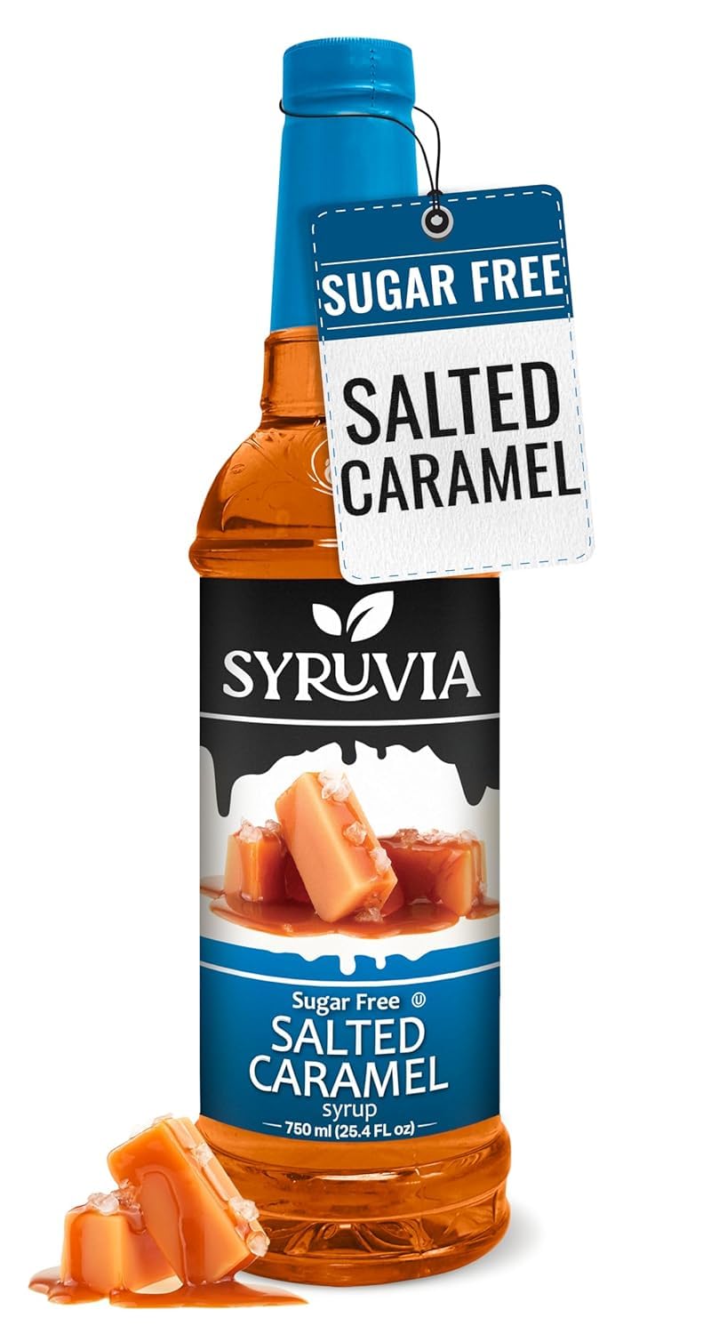 Syruvia sugar-free salted caramel bottle pours over dessert for caramel touch.