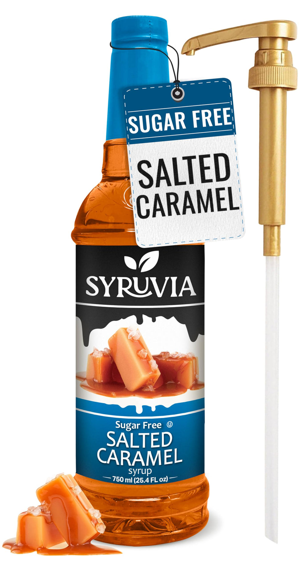 SYRUVIA Sugar Free Salted Caramel bottle with pump for easy topping.