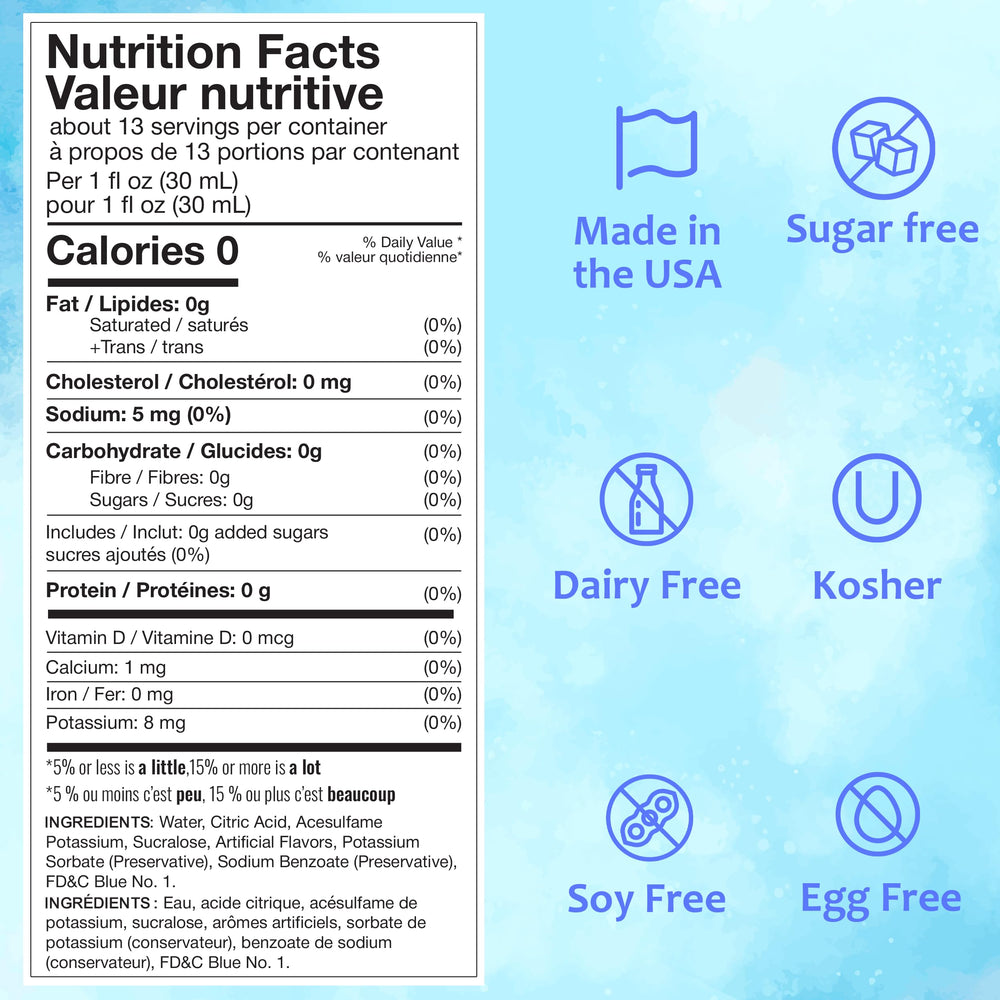 SYRUVIA sugar-free snow cone syrup bottle close-up, 0 calories for refreshing treats