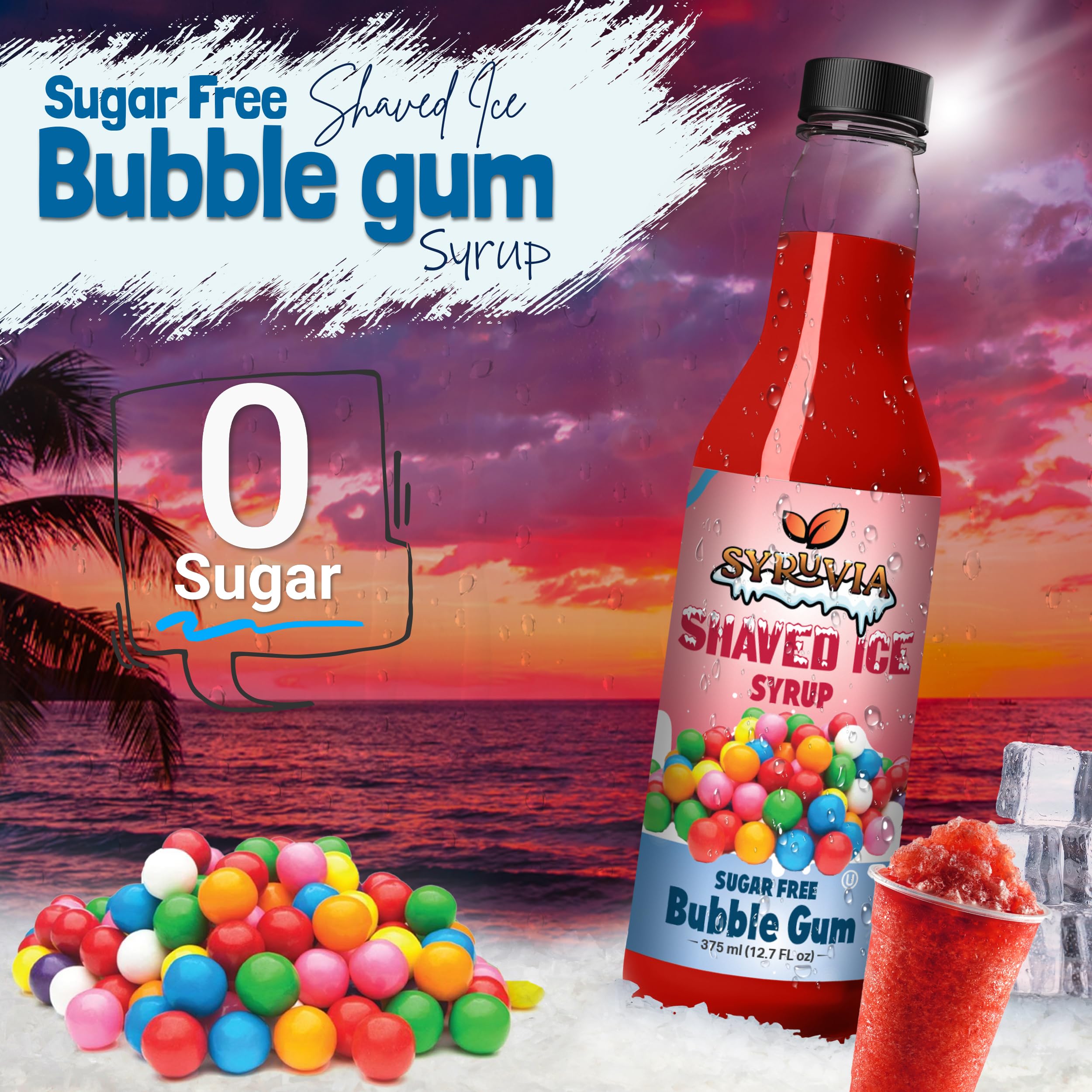 SYRUVIA Sugar-Free Snow Cone Syrup pour highlights zero calories for keto-friendly desserts