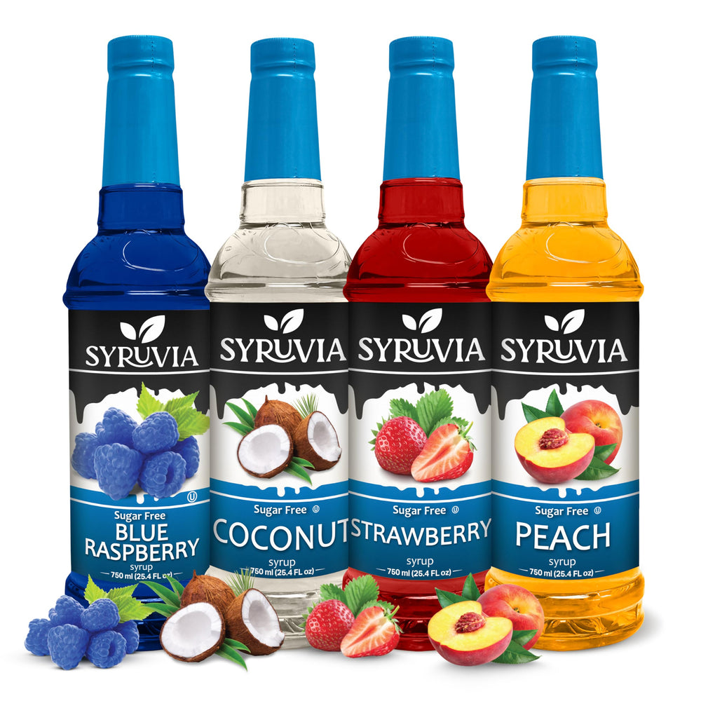 SYRUVIA Sugar Free Strawberry Syrup bottle adds zero-calorie coffee flavor enhancement.