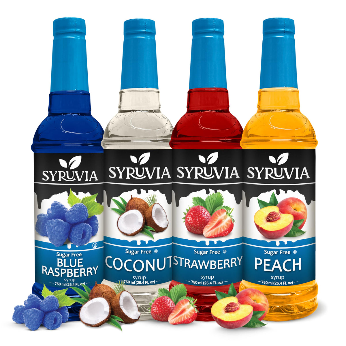 SYRUVIA Sugar Free Strawberry Syrup bottle adds zero-calorie coffee flavor enhancement.