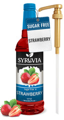 SYRUVIA Sugar-Free Strawberry Syrup bottle showing strawberry flavor and zero calories for drinks