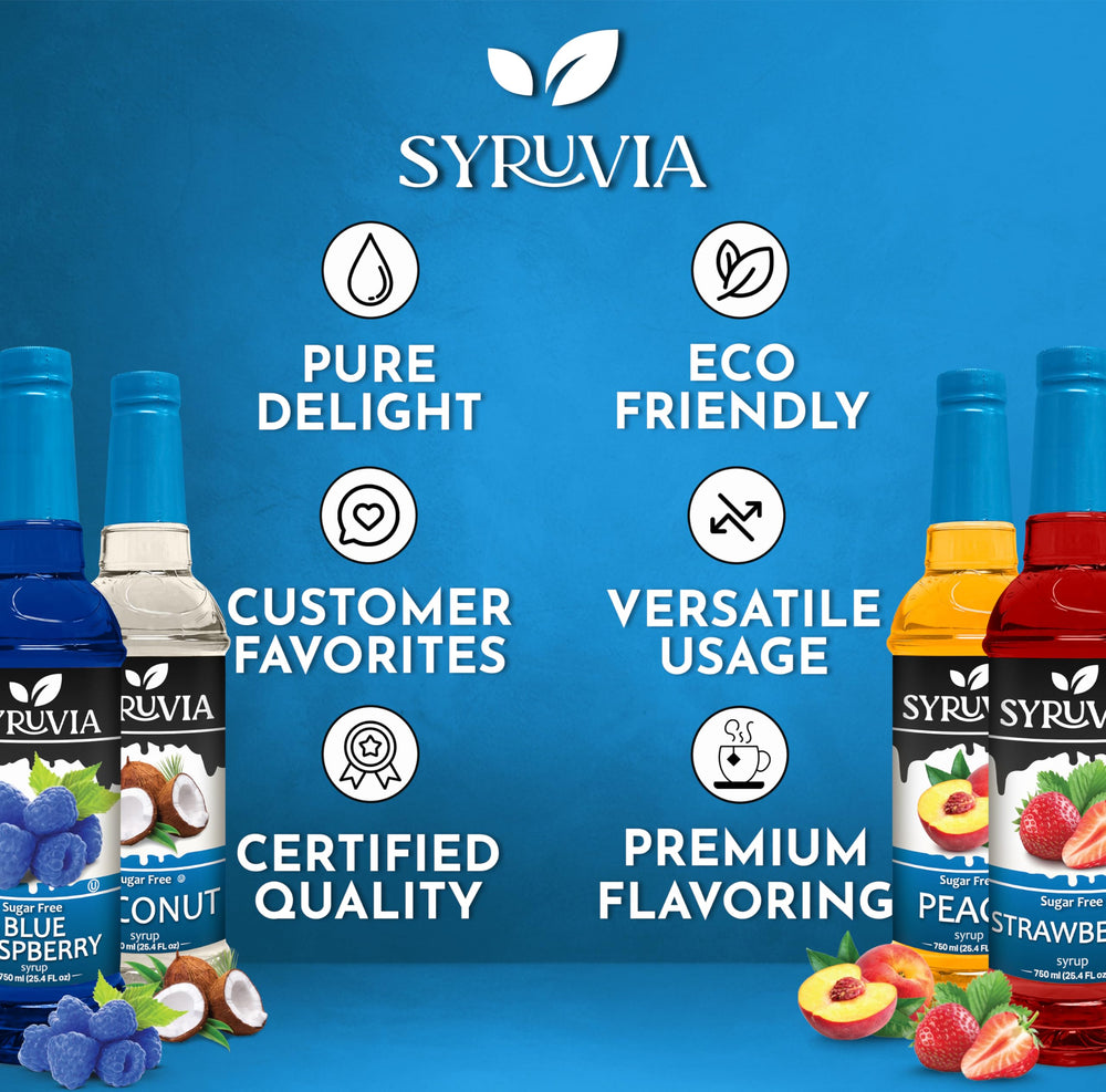 SYRUVIA Sugar Free Strawberry Syrup pouring over coffee for a bright twist.
