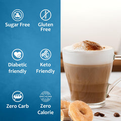 Close-up of SYRUVIA label emphasizing sugar-free, kosher-certified quality.