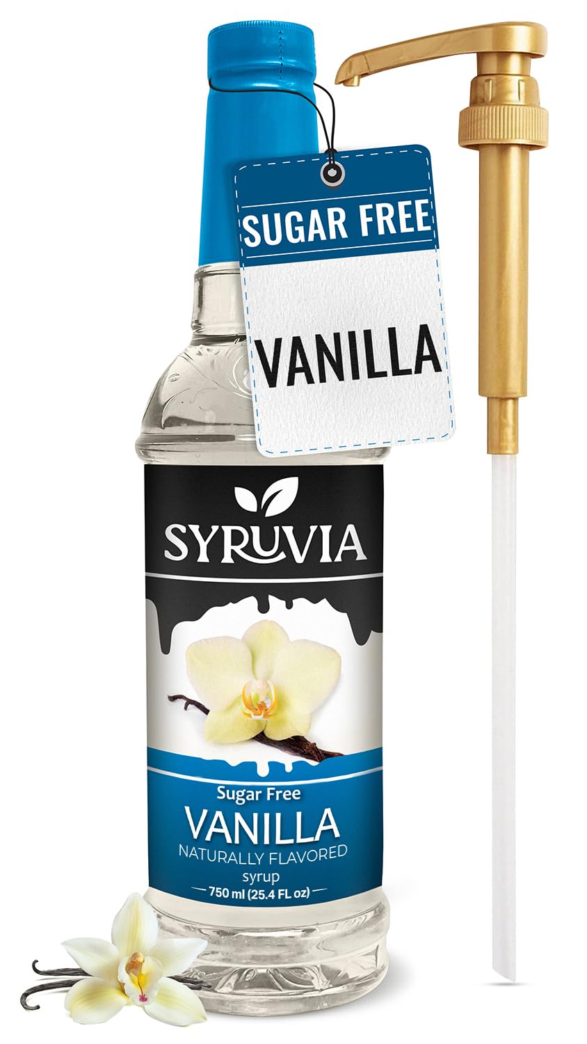 SYRUVIA sugar-free vanilla syrup bottle with pump enhances coffee flavor