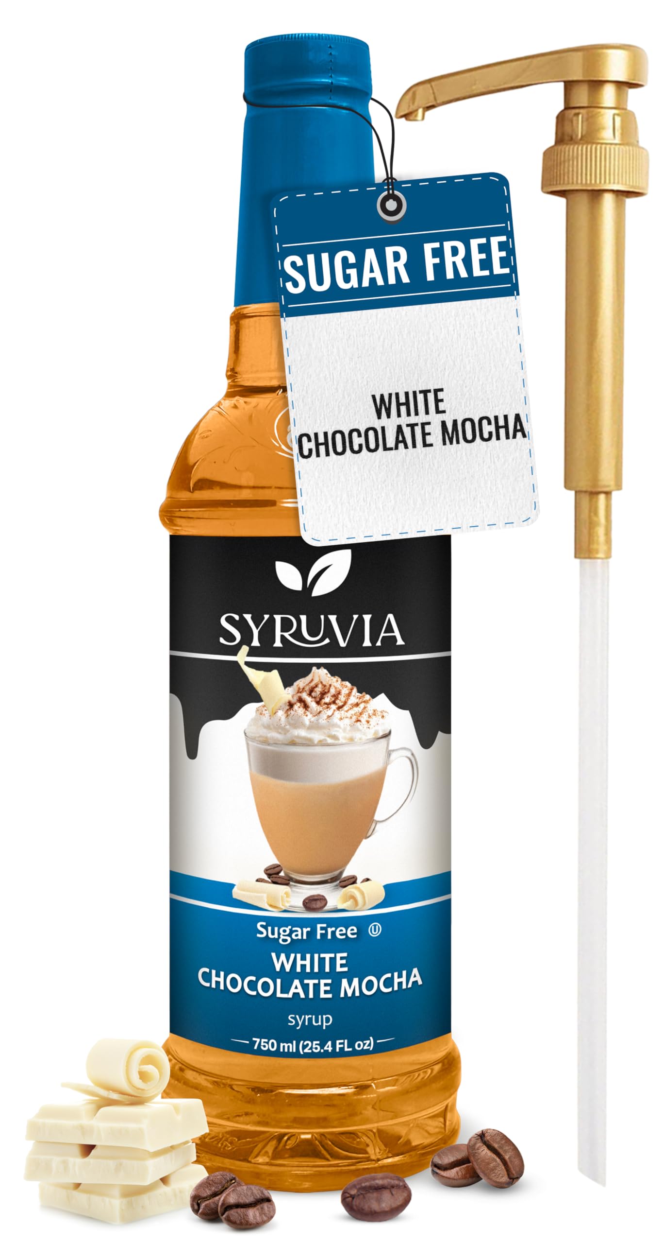 SYRUVIA Sugar Free White Chocolate Mocha Syrup bottle pour enhances coffee flavor with zero calories.