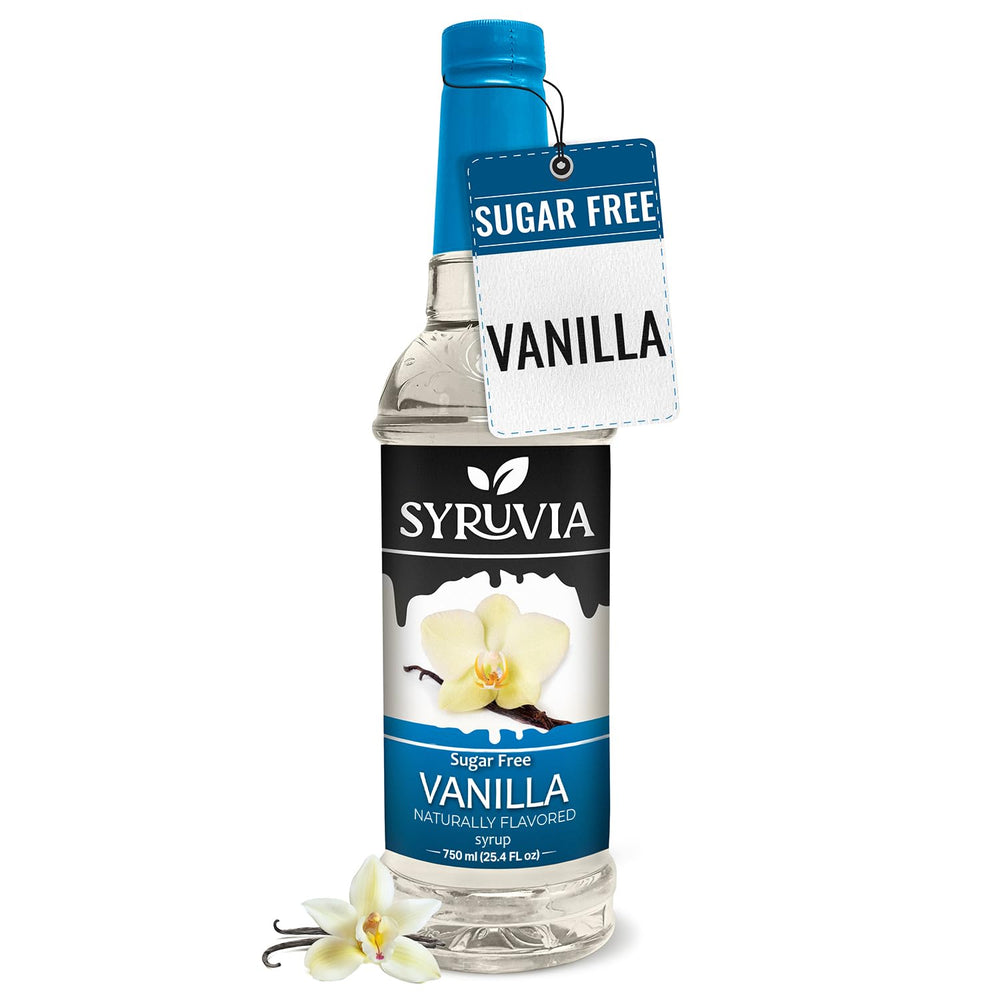 SYRUVIA Sugar Free Vanilla Syrup bottle with zero sugar sweetness for beverages.