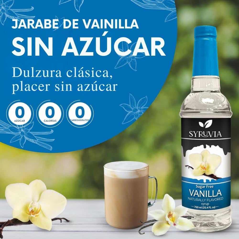 SYRUVIA Vanilla Syrup bottle beside latte art, ideal for keto-friendly indulgence.