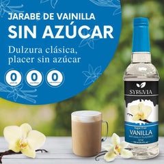 SYRUVIA Vanilla Syrup bottle beside latte art, ideal for keto-friendly indulgence.