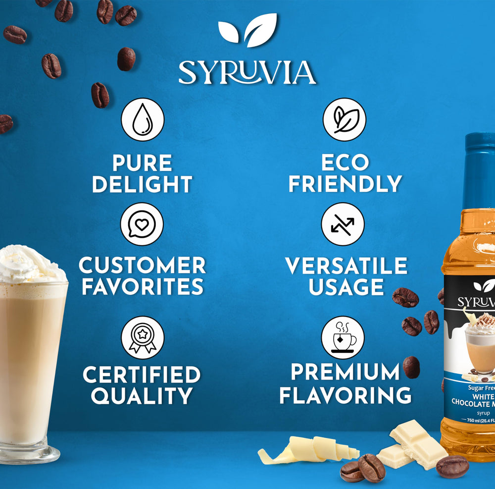 Close-up of Syruvia ingredients highlighting sugar-free label and quality seal.