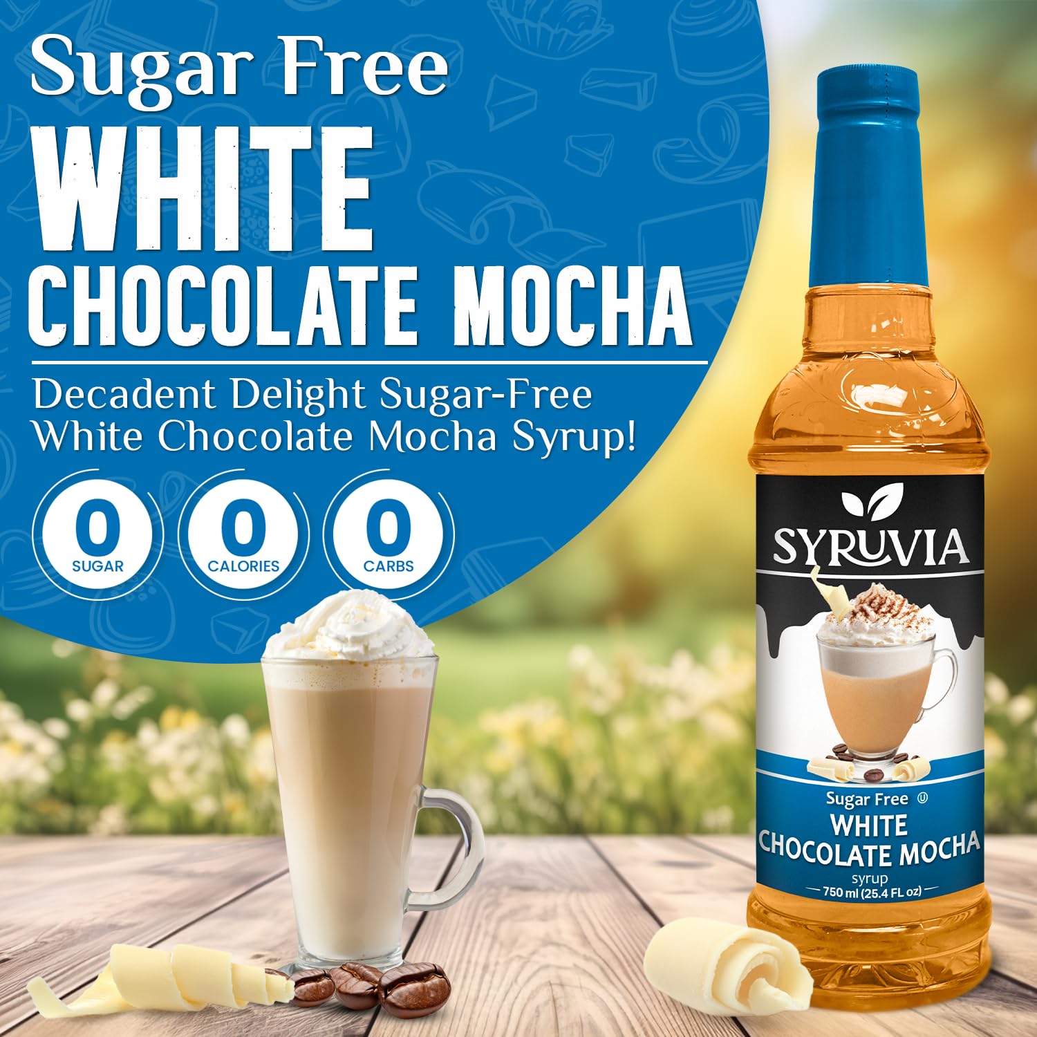 Silky latte with Syruvia Sugar Free White Chocolate Mocha Syrup layered on top.