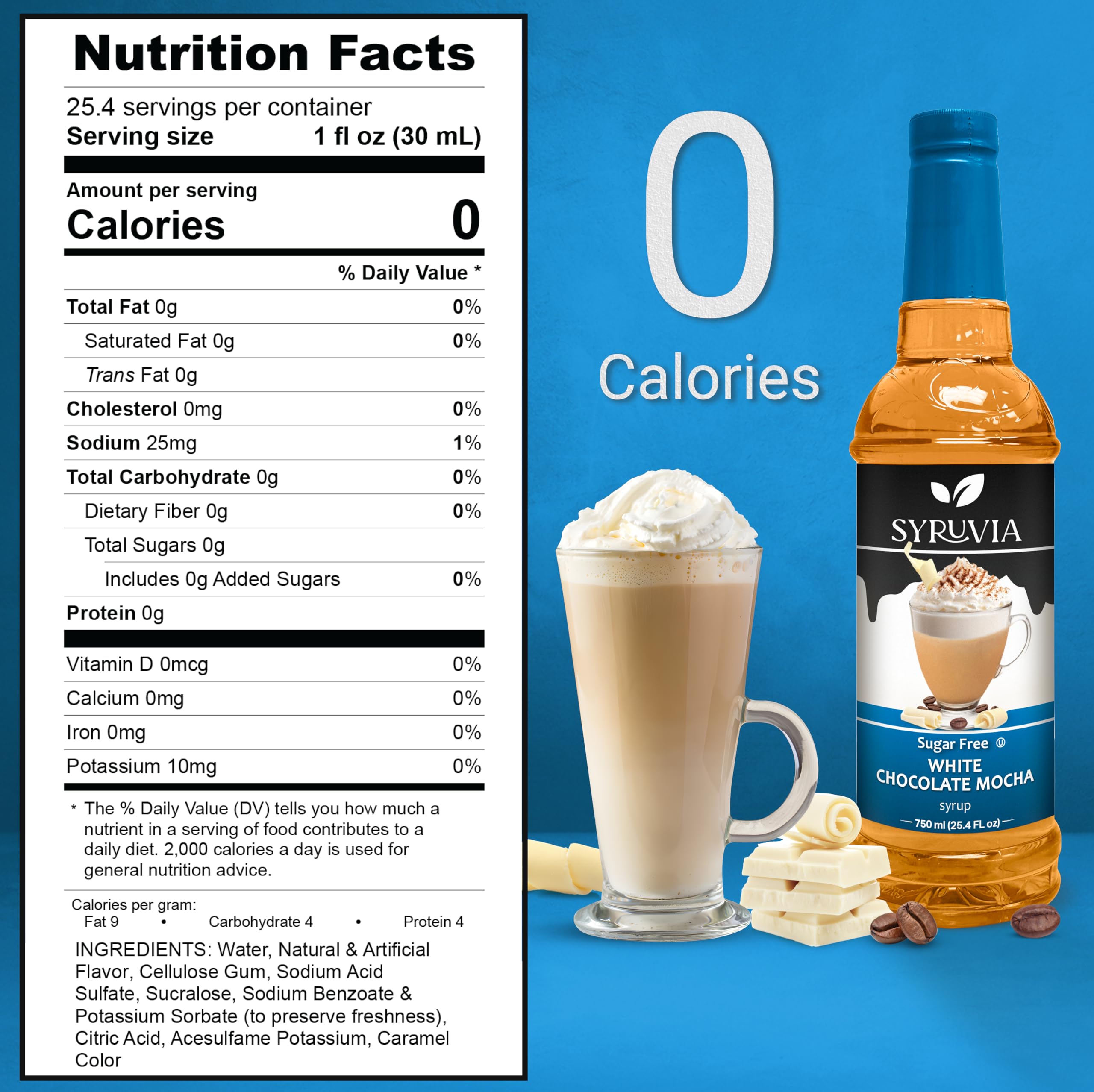 Pouring Syruvia Sugar Free White Chocolate Mocha Syrup into coffee for a creamy finish.