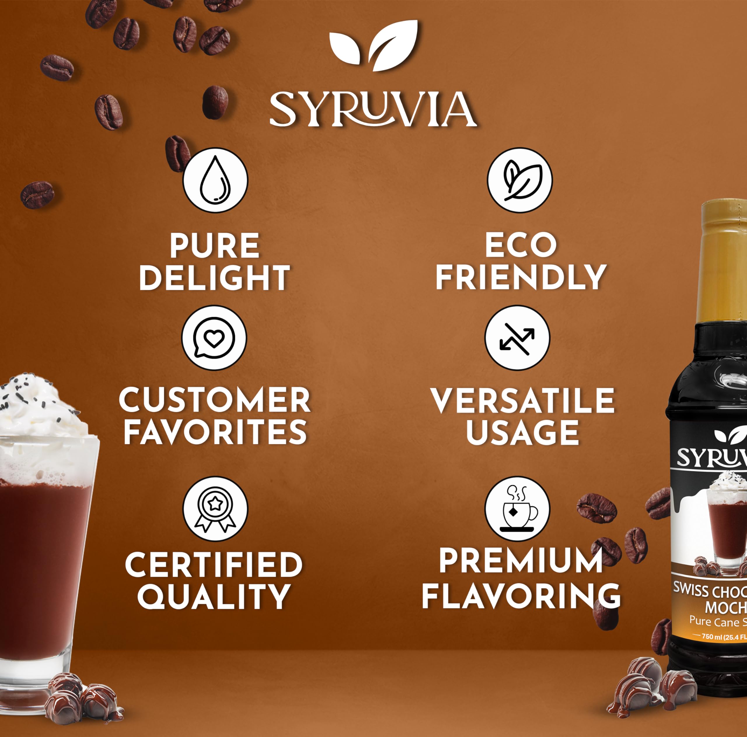SYRUVIA Swiss Chocolate Mocha syrup with glass of cold brew