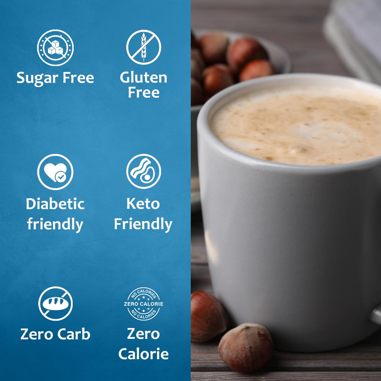 SYRUVIA Syrup bottle beside coffee shows versatile drink and dessert use.