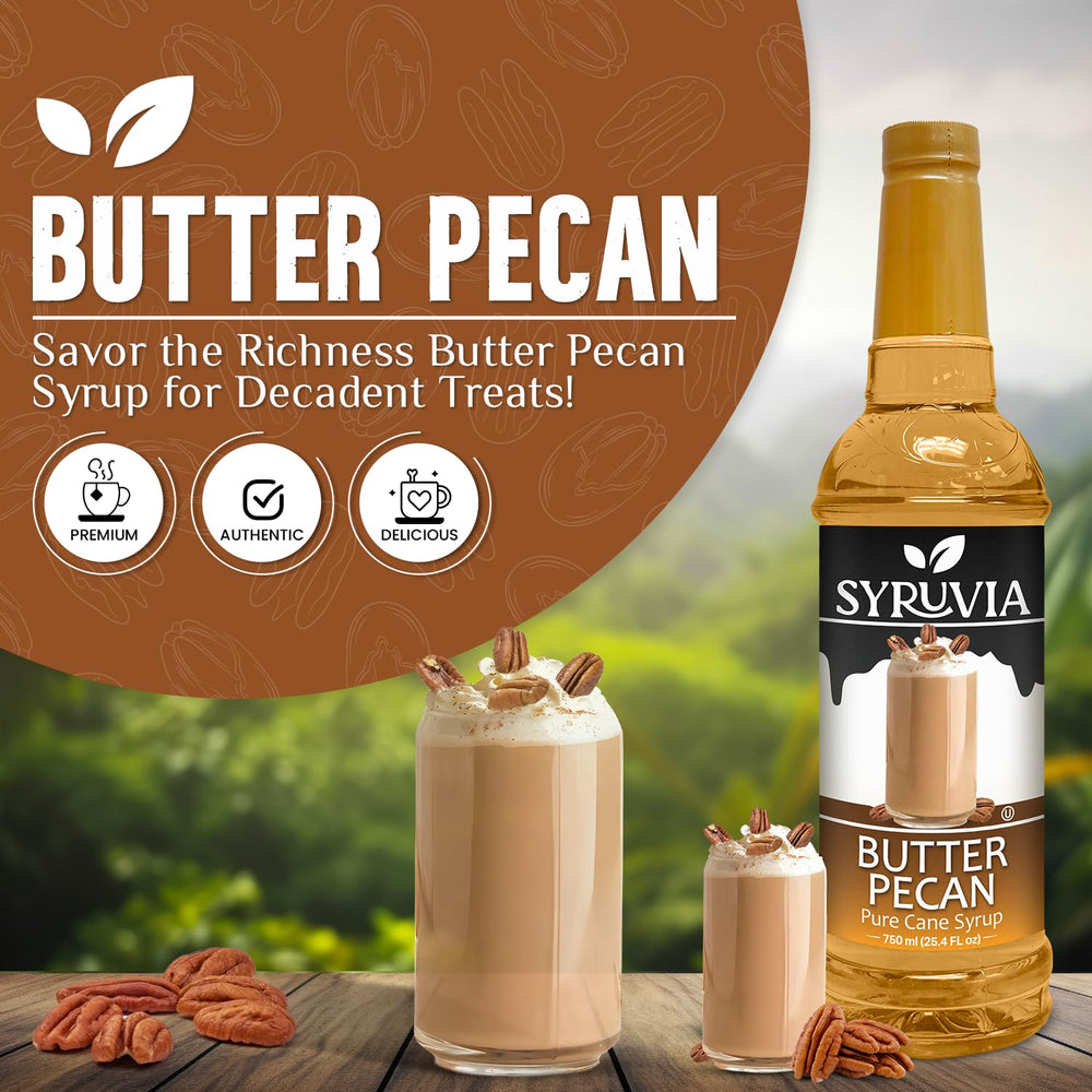 SYRUVIA Dessert topping with butter pecan notes elevates desserts.