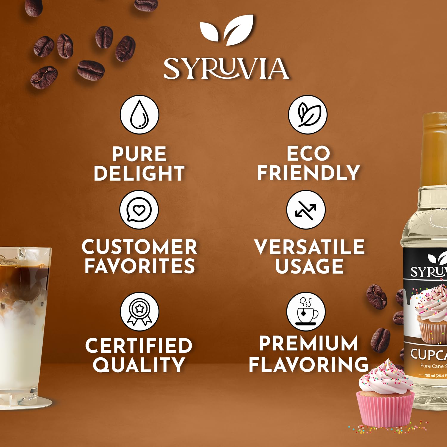 Syruvia Cupcake Syrup bottle highlights USA-made and kosher certifications.