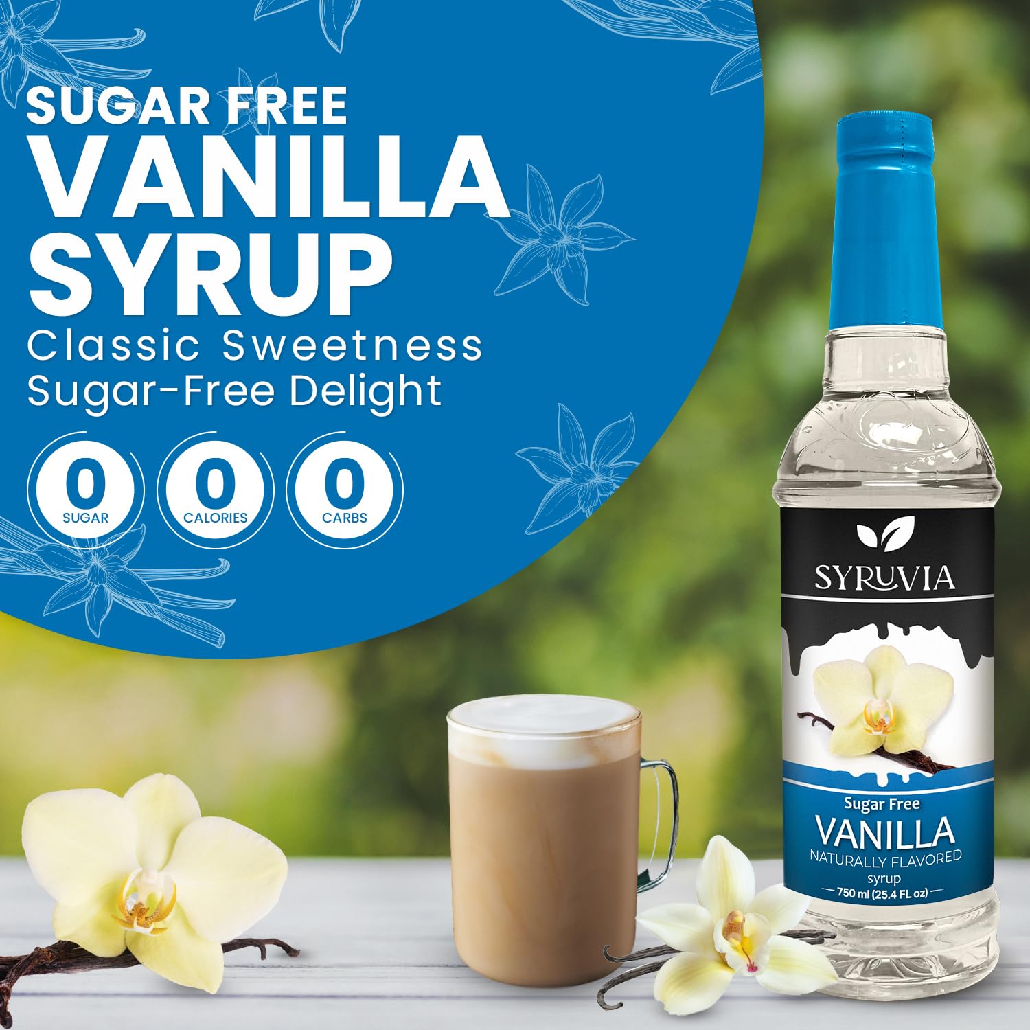 SYRUVIA vanilla sugar-free syrup poured into a coffee mug