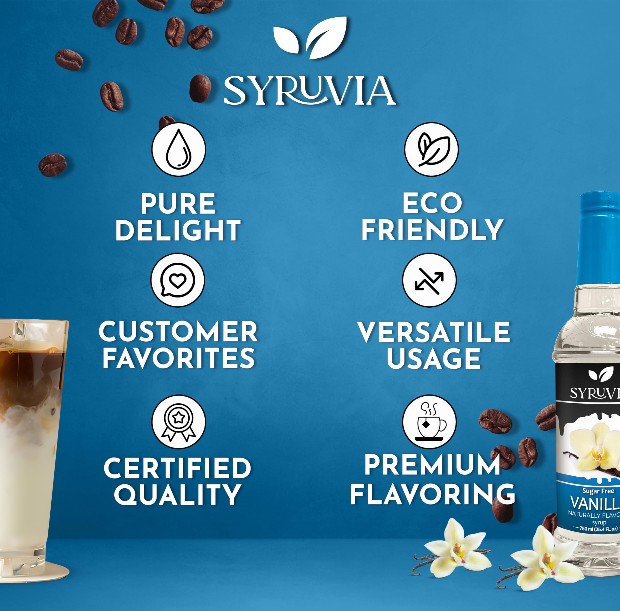 SYRUVIA sugar-free vanilla syrup foam-topped cappuccino closeup