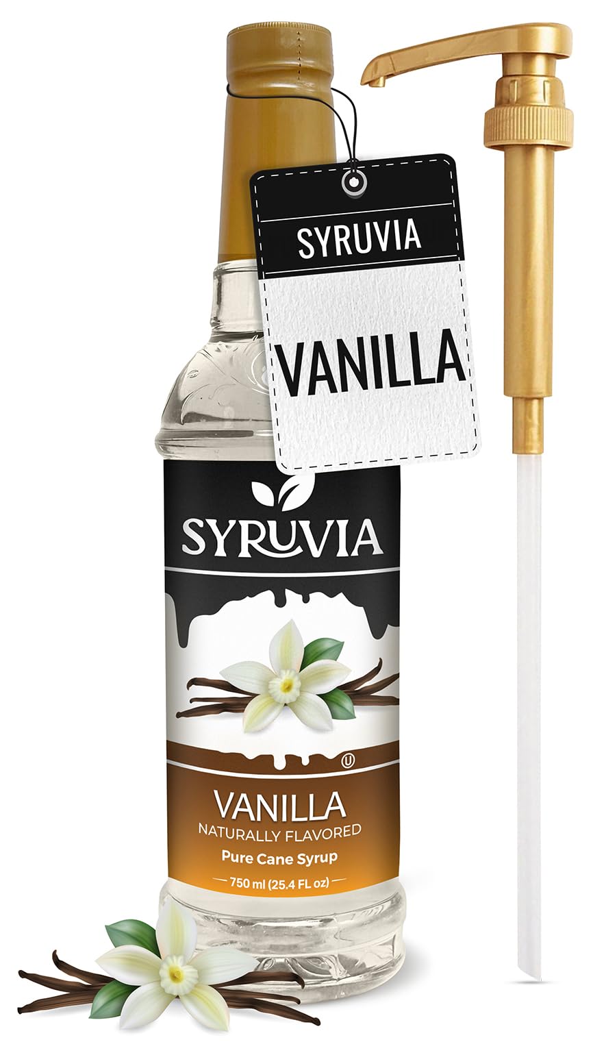 Syruvia Vanilla Syrup bottle with pump, ideal for lattes and desserts.