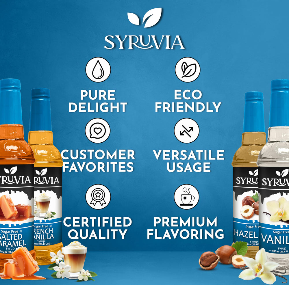 SYRUVIA variety pack display shows four flavors for personalized coffee moments.