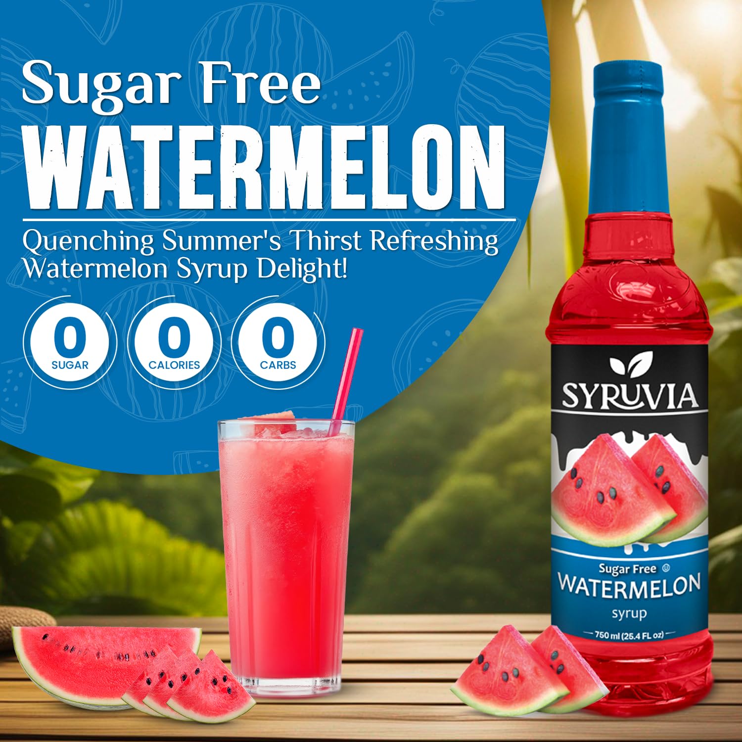 SYRUVIA Watermelon Syrup cocktail glass highlighting vibrant flavor boost
