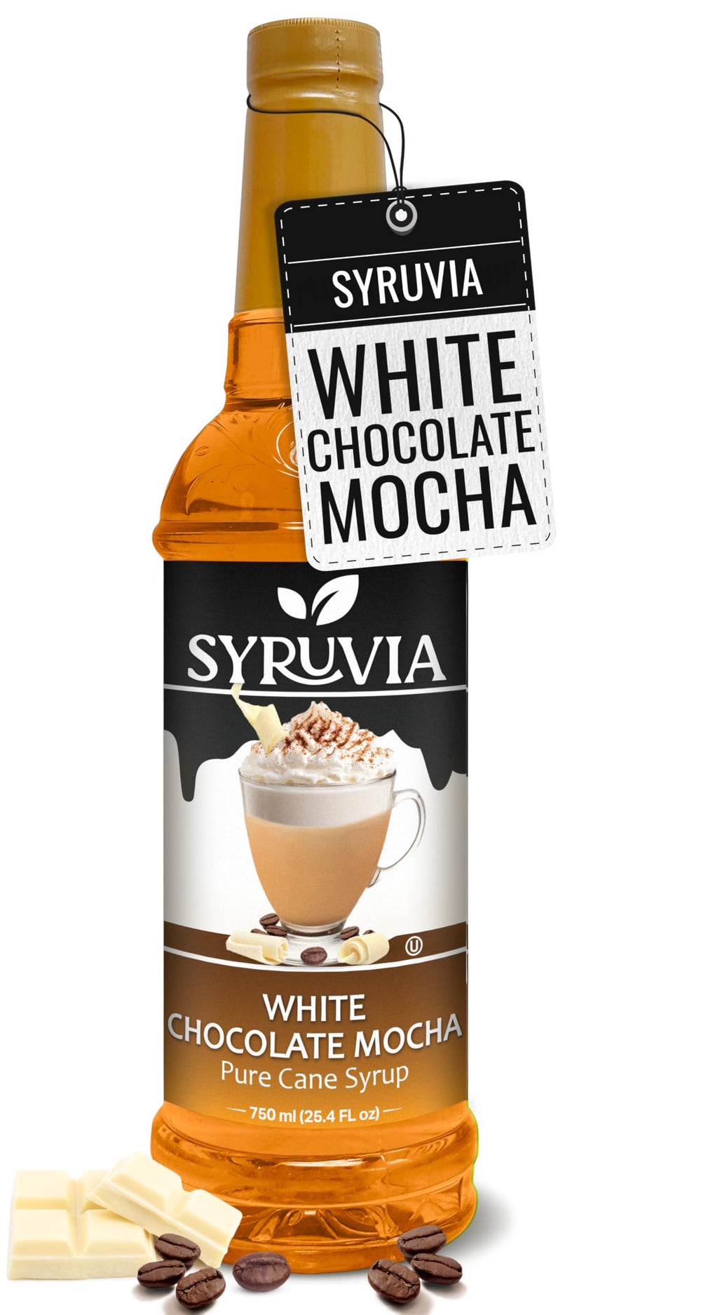 SYRUVIA White Chocolate Mocha Syrup bottle pour enhances coffee with rich aroma and smooth sweetness