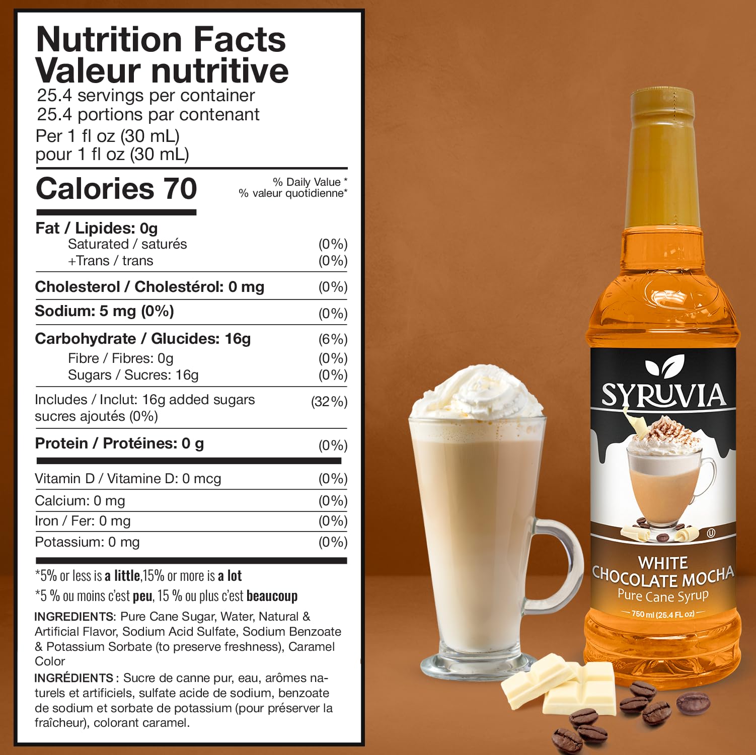 SYRUVIA White Chocolate Mocha Syrup foam topping adds café-like richness to lattes