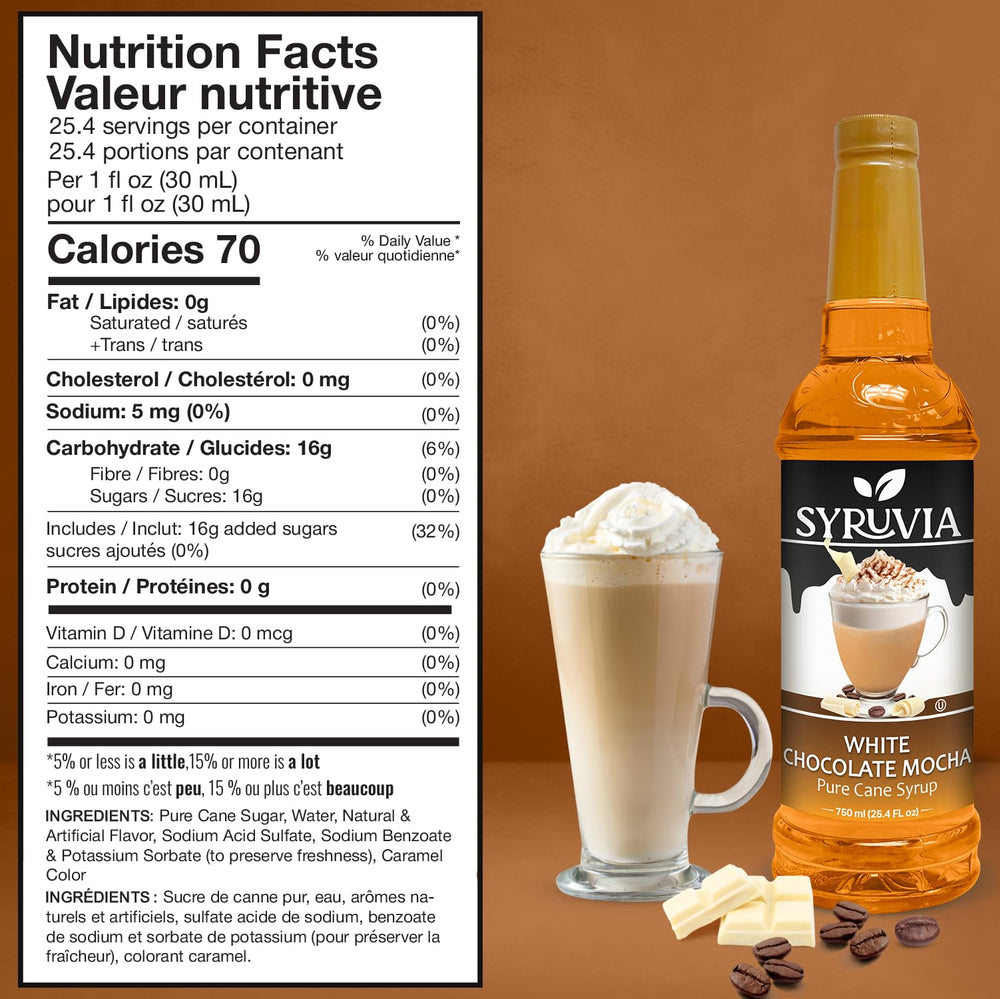 SYRUVIA White Chocolate Mocha Syrup foam topping adds café-like richness to lattes