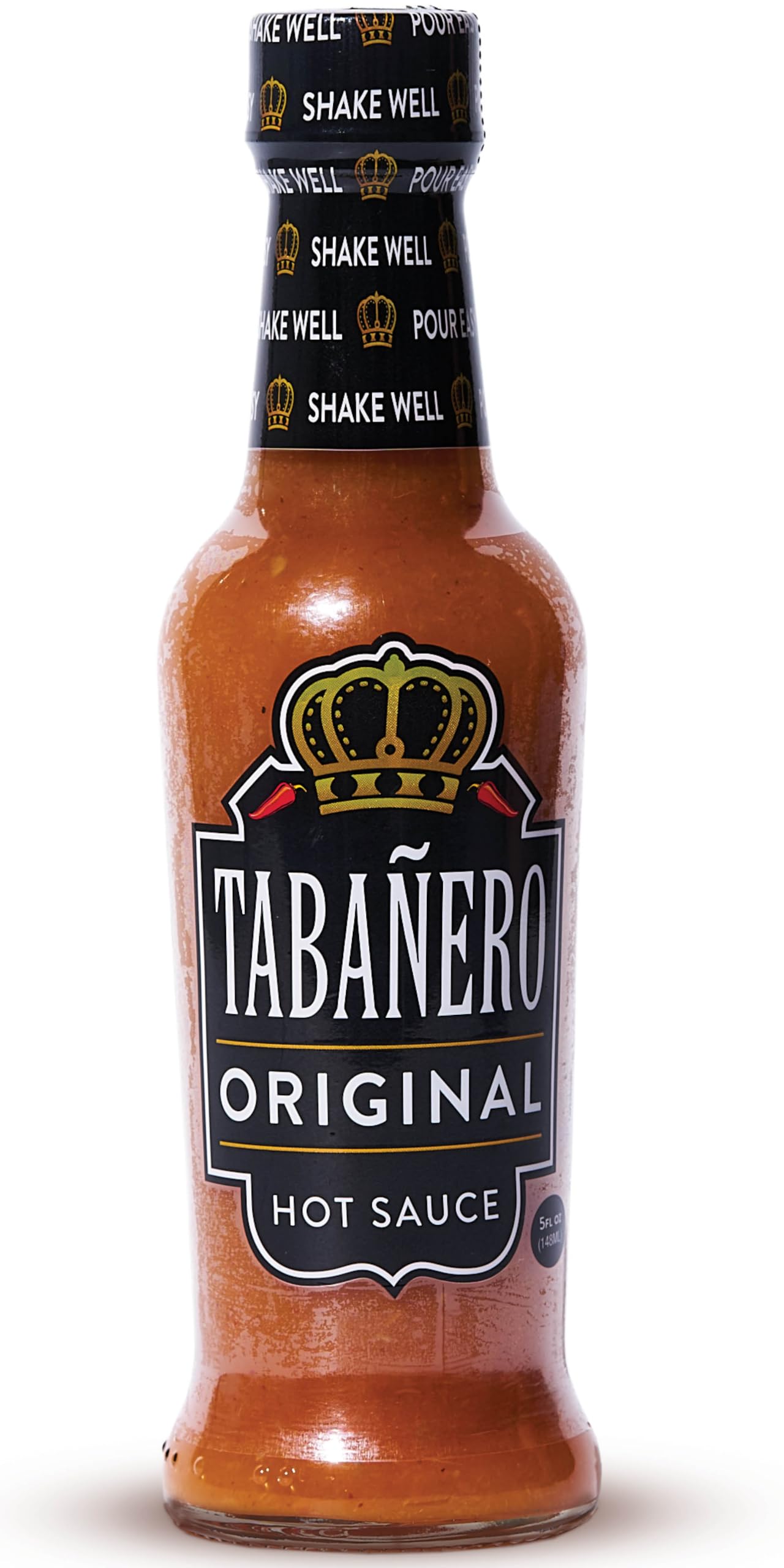 Tabanero Original Hot Sauce bottle on a kitchen shelf with bold label.