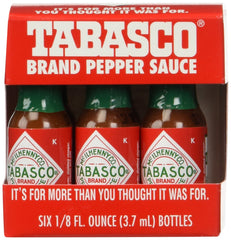 TABASCO pepper sauce mini bottle pour demonstrates travel-friendly spice on the go.