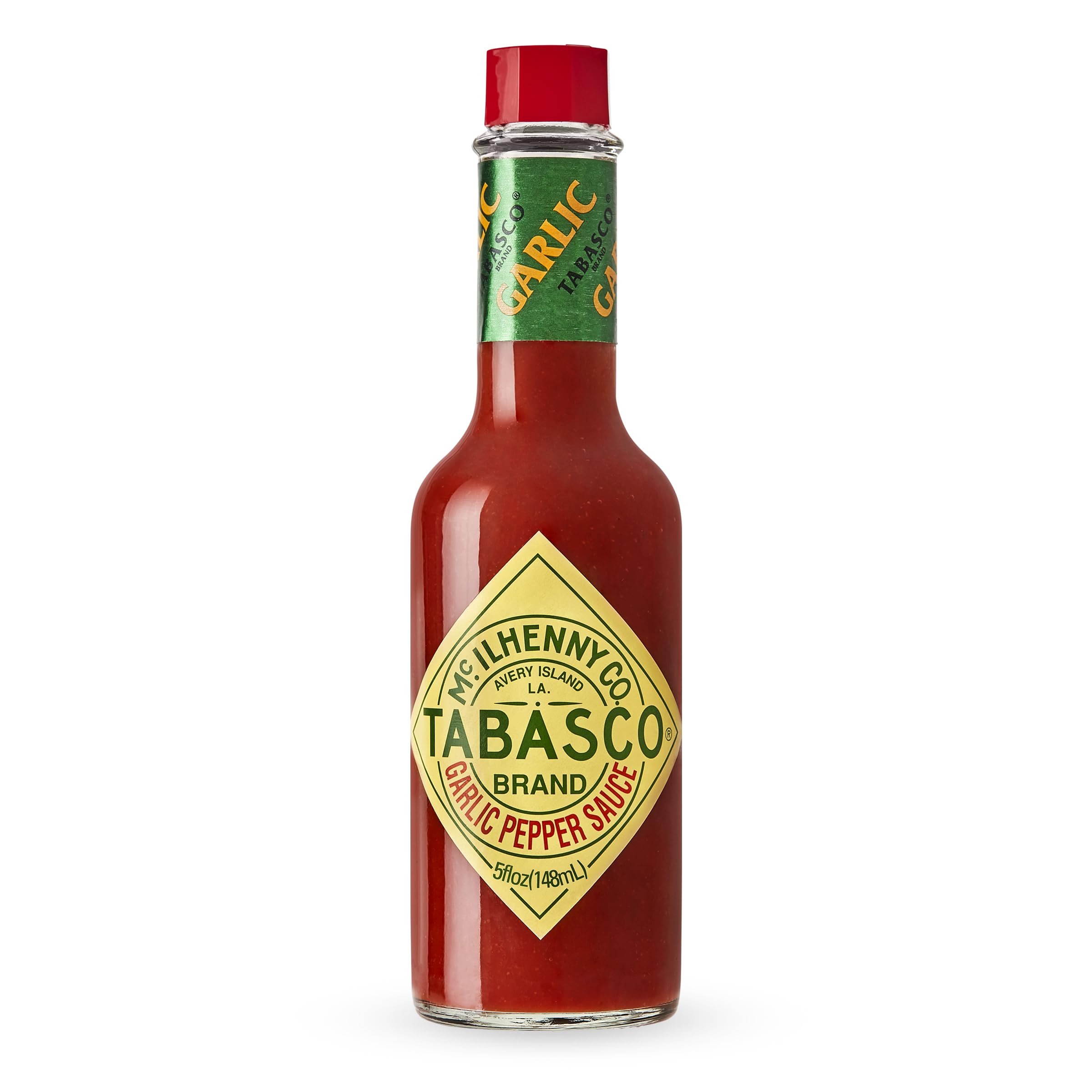 TABASCO Cayenne Garlic Pepper Sauce bottle adds smoky, savory flavor to meals.