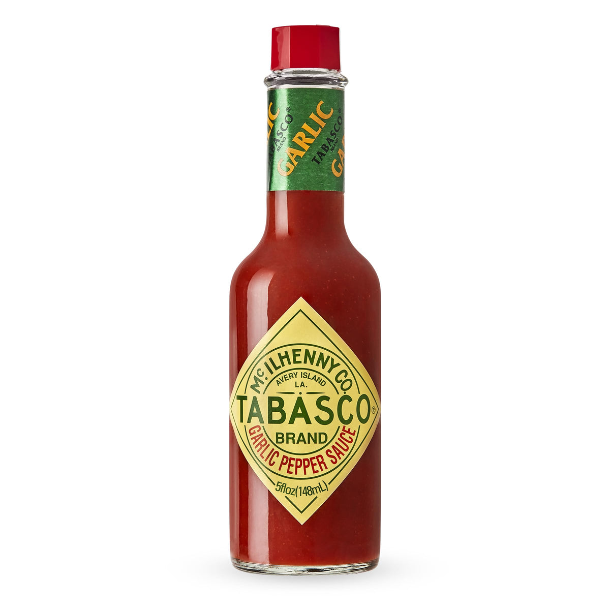 TABASCO Cayenne Garlic Pepper Sauce bottle adds smoky, savory flavor to meals.