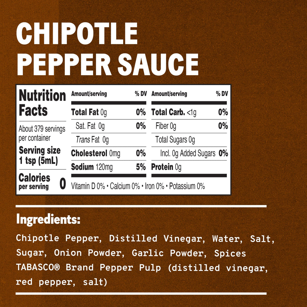 TABASCO Chipotle sauce bulk jug label closeup highlighting ingredients and quality.