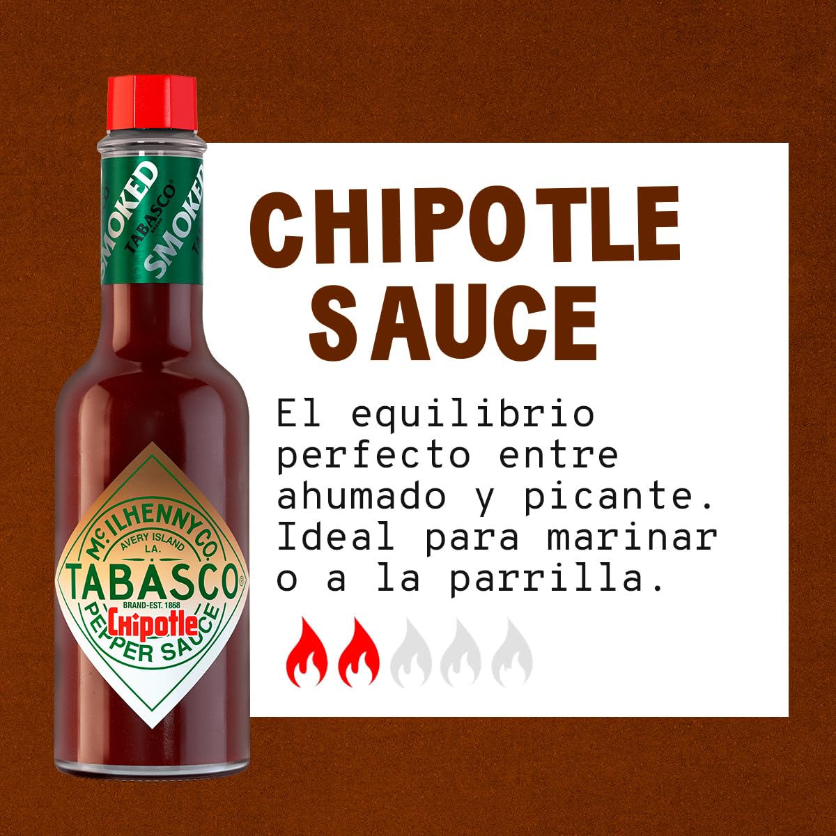Tabasco Chipotle sauce glass bottle on kitchen counter ready to use