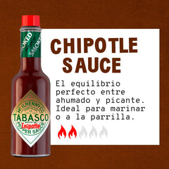 Tabasco Chipotle sauce glass bottle on kitchen counter ready to use