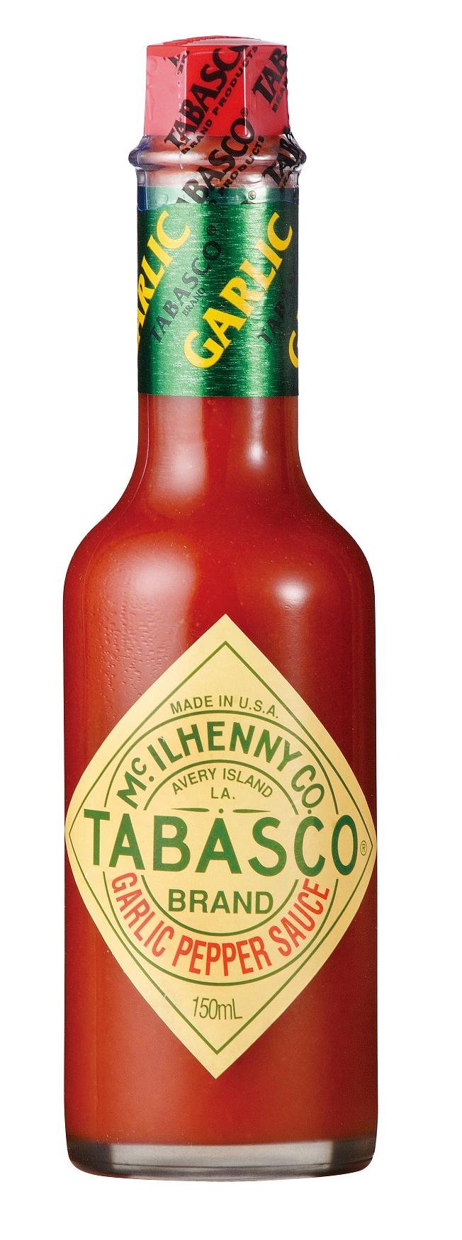 TABASCO Garlic Pepper Sauce bottle for rich flavor on pizzas, wings, and seafood.