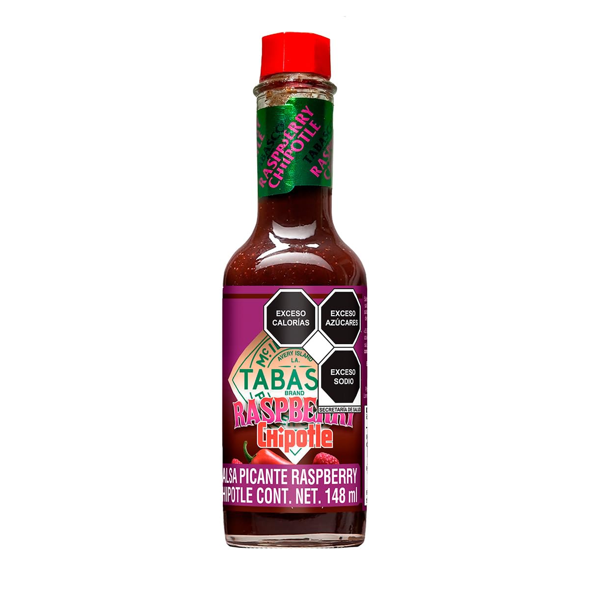 TABASCO Raspberry Chipotle bottle closeup highlighting smoky-sweet flavor for versatile meals.