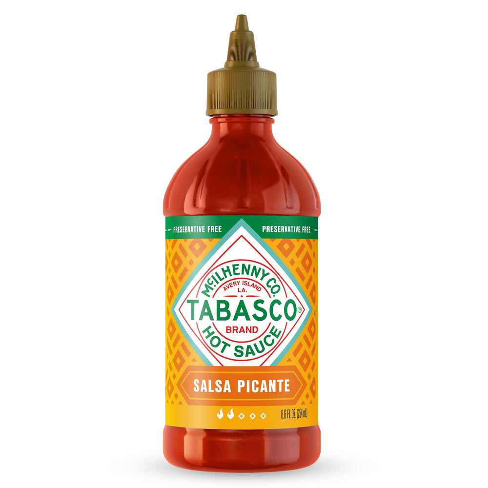 TABASCO Salsa Picante bottle closeup showing thick, rich color for tacos