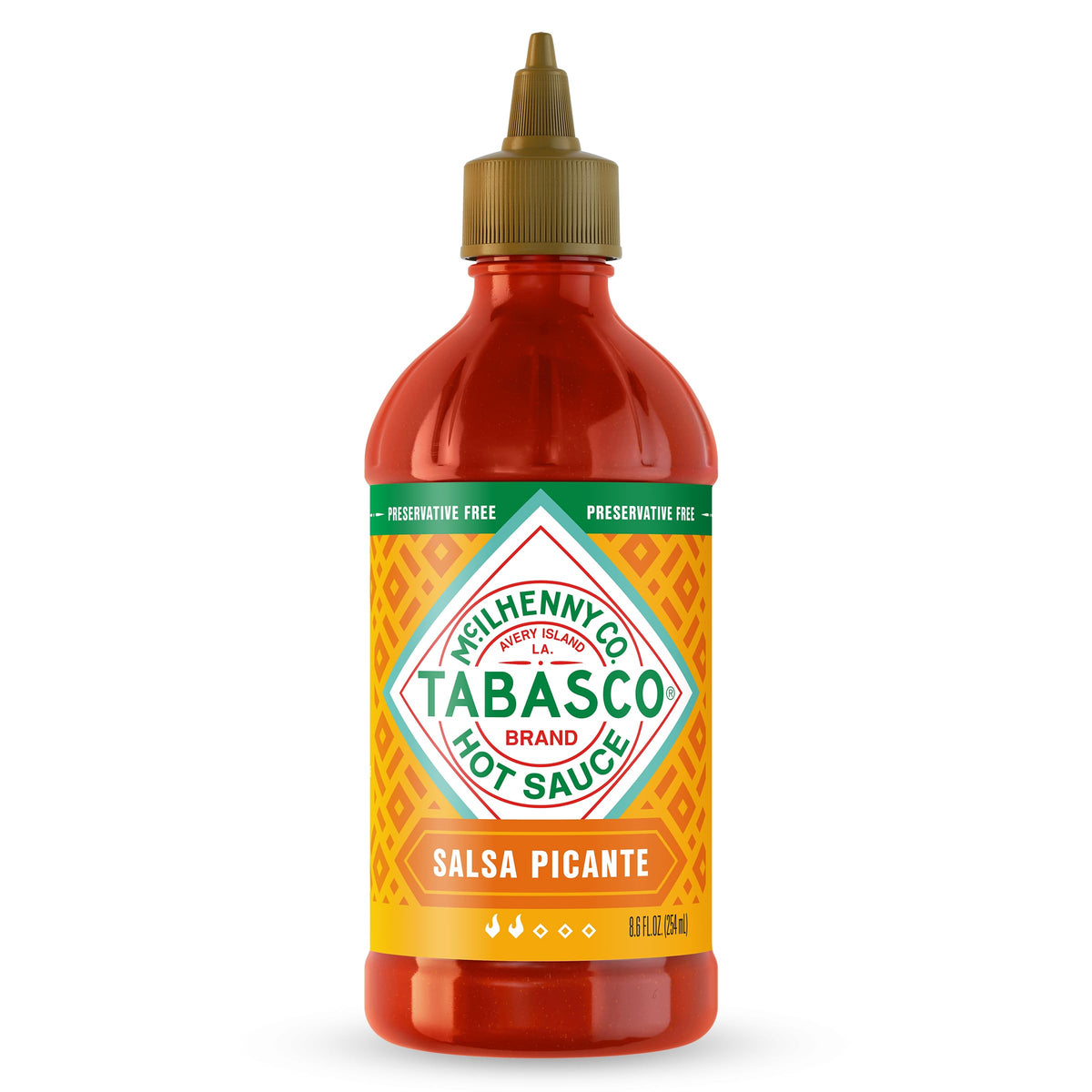TABASCO Salsa Picante bottle closeup showing thick, rich color for tacos
