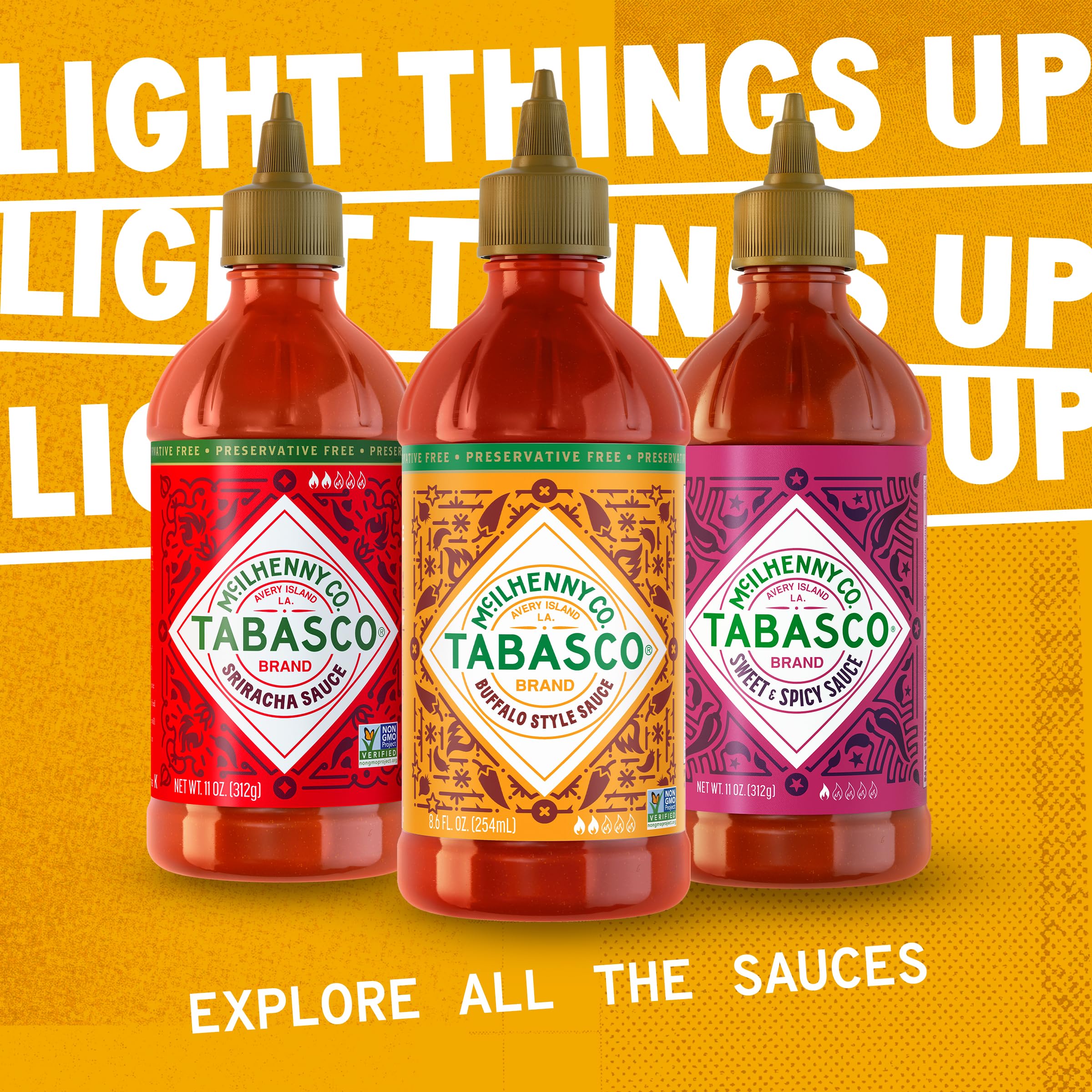 TABASCO Salsa Picante label highlighting Non-GMO and gluten-free benefits