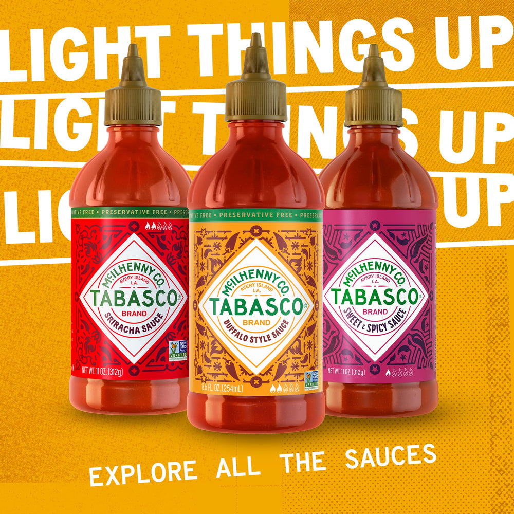 TABASCO Salsa Picante label highlighting Non-GMO and gluten-free benefits