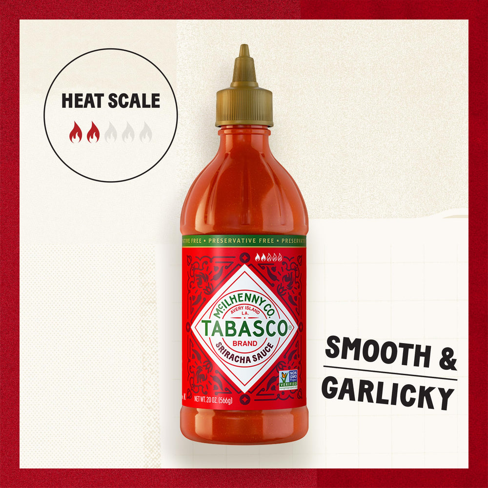 TABASCO Sriracha label close-up shows garlic notes for versatile glaze