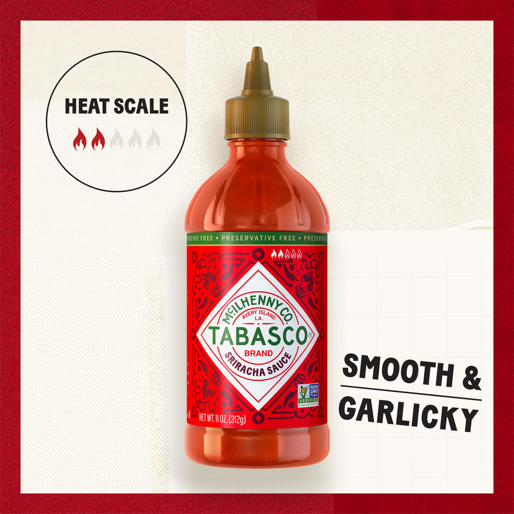 TABASCO Sriracha sauce being poured over noodles for bold flavor.