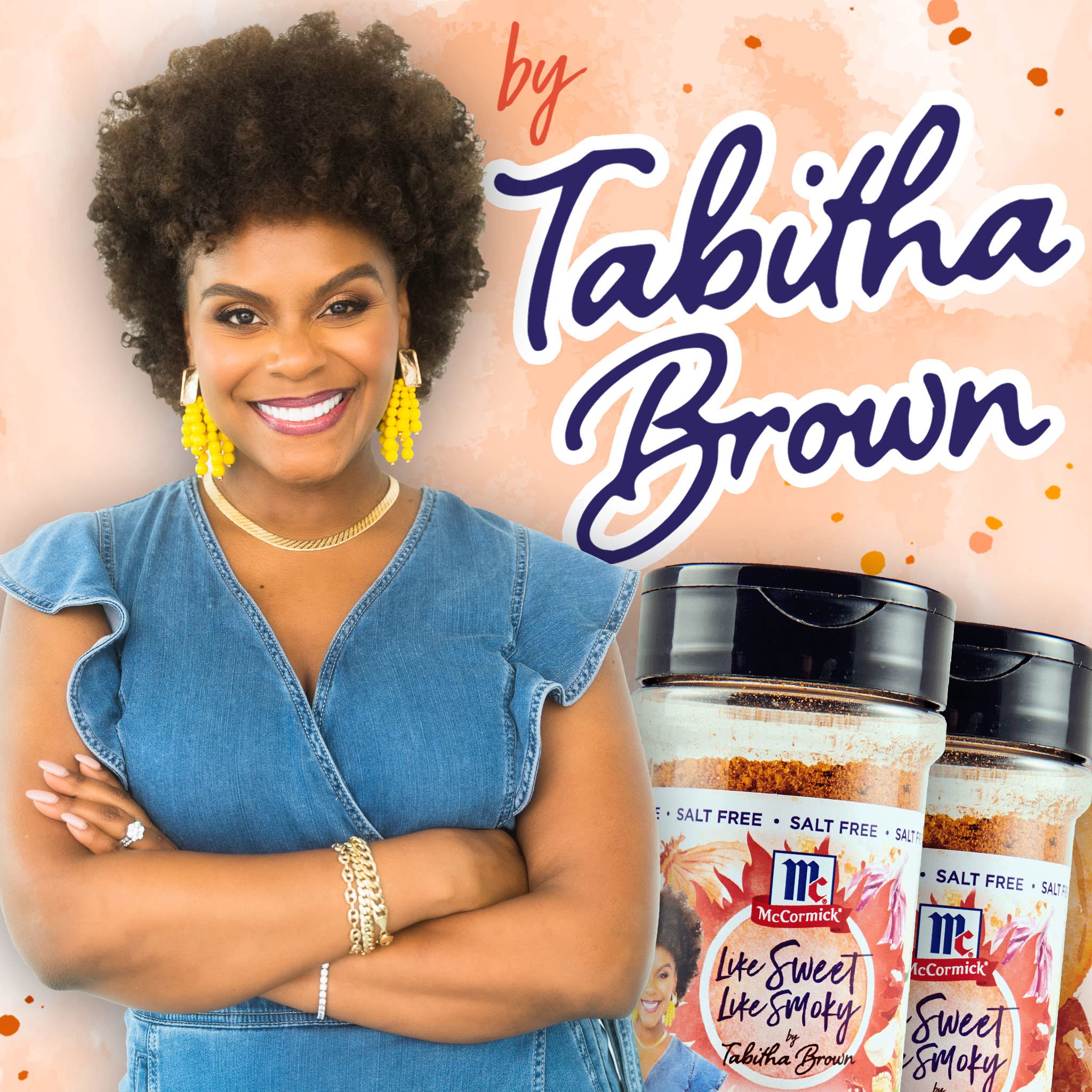 McCormick Like Sweet Like Smoky by Tabitha Brown shaker shows versatile use for vegetables and proteins.