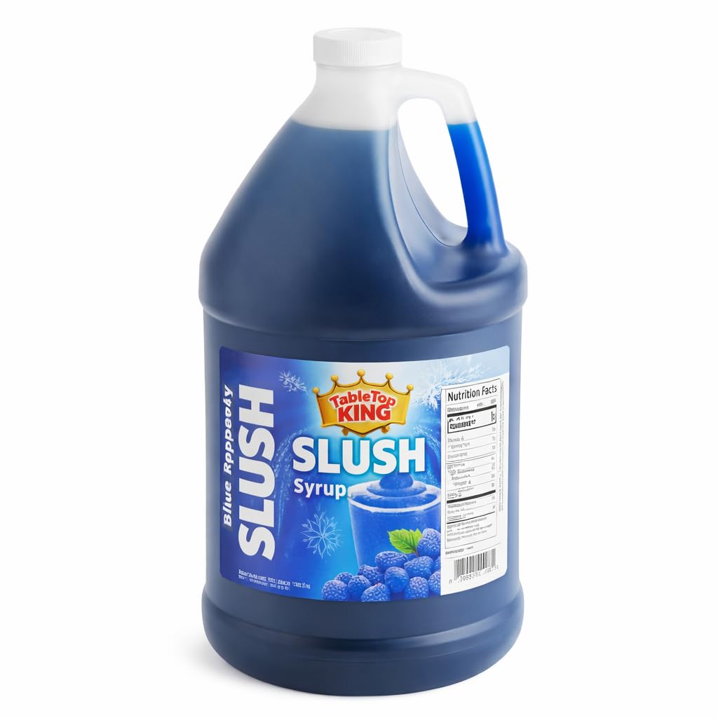 TableTop King blue raspberry slushy mix bottle pouring for quick, efficient service.