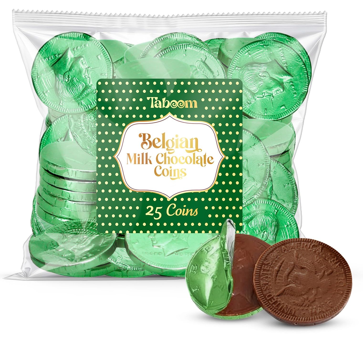 Taboom Belgian Green Chocolate Coins pack for gifting and party favors.