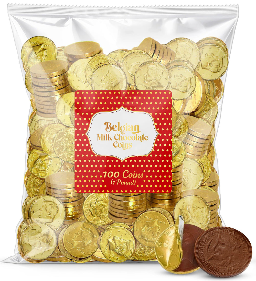 Taboom Belgian milk chocolate gold coins in a sealed 18oz bag for easy serving.