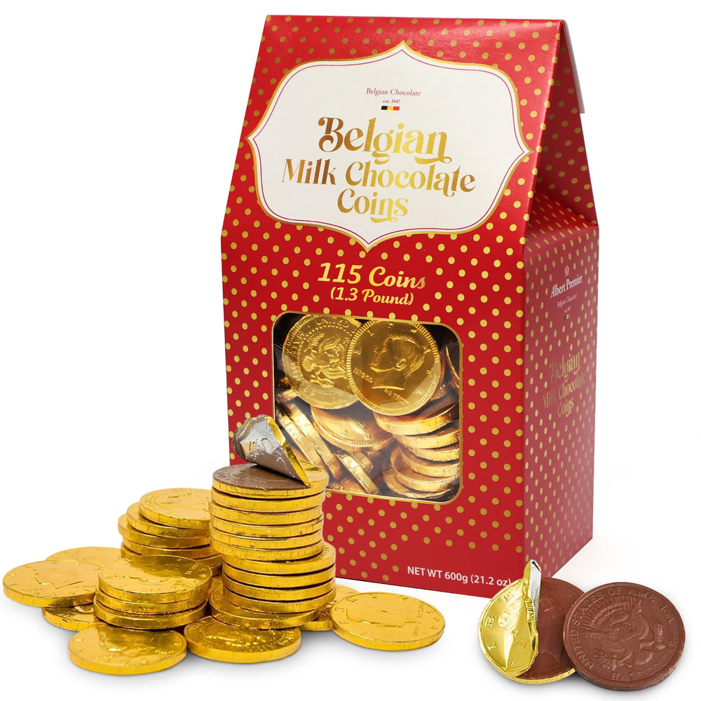 Taboom Belgian milk chocolate gold coins bulk box for festive gifting.